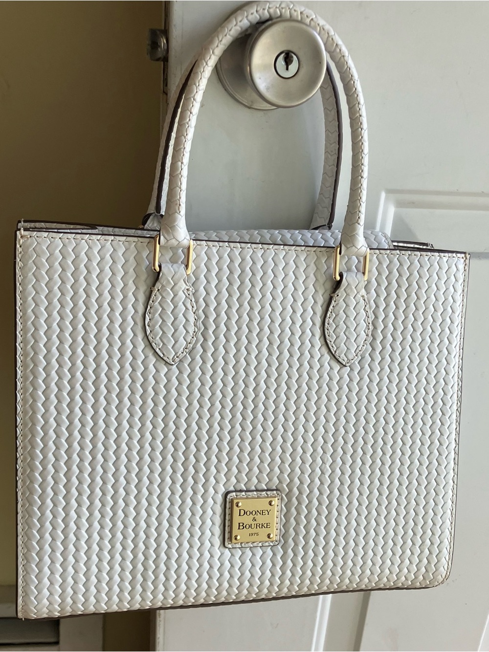 Dooney & Bourke White Woven Leather Tote with Gold Accents